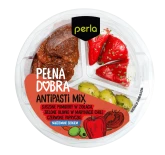 Prezentacja Antipasti Mix: suszone pomidory w ziolach, czerwone papryczki nadziewane serkiem, zielone oliwki w ziołach